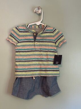 GAP Baby Gray Striped Henley Romper with Neon Accents